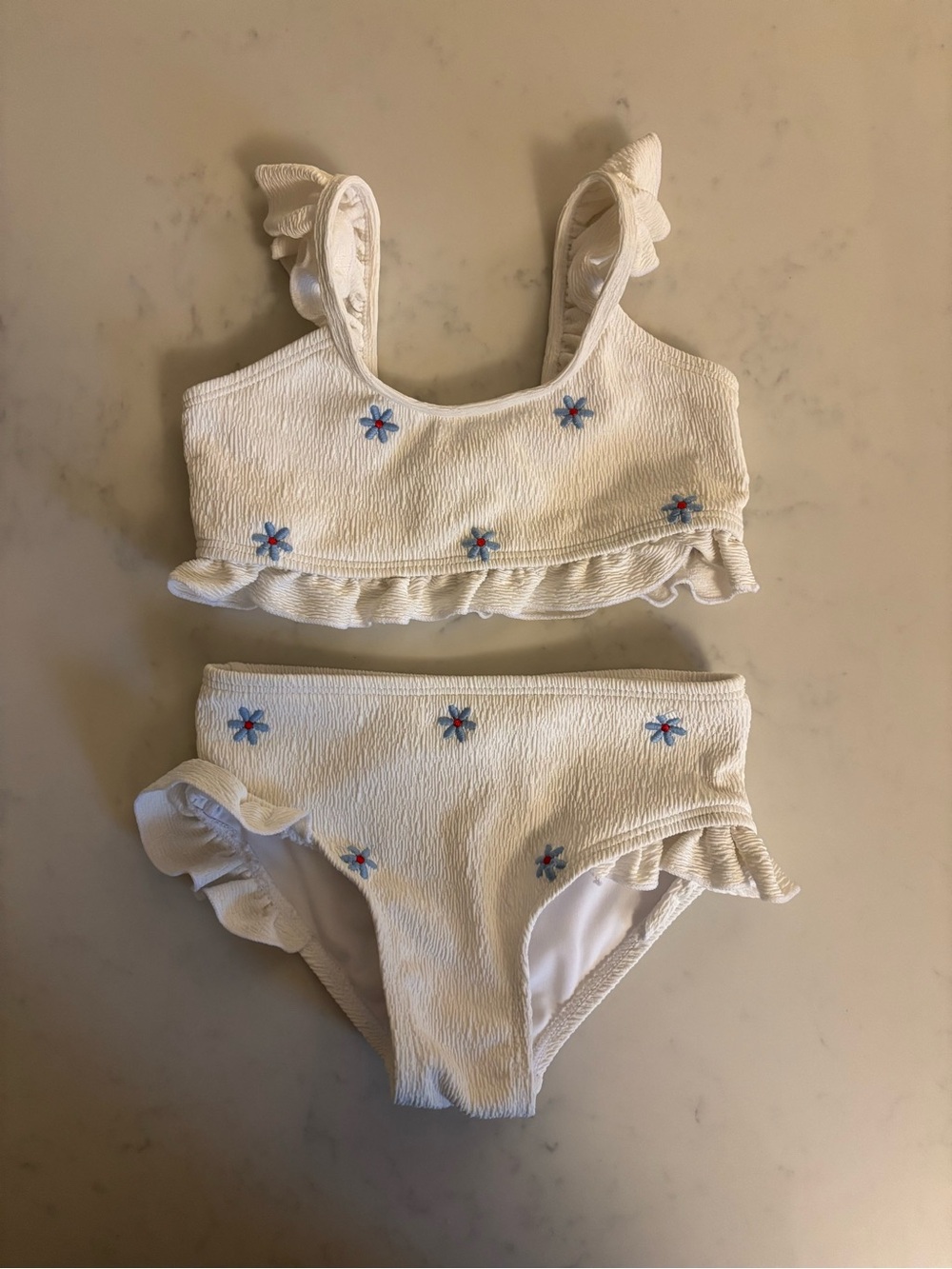 Cotton On White Girls Two-Piece Bikini with Blue Flower Embroidery